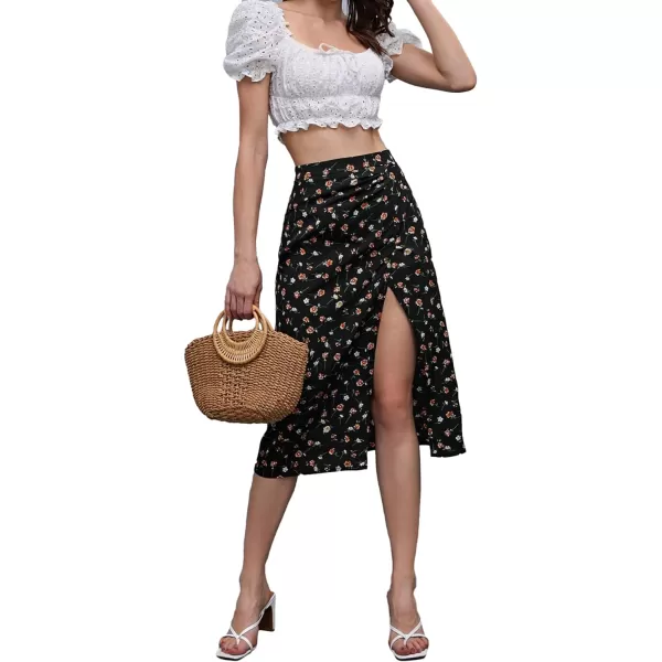 Floerns Women's Boho Floral High Waist Split A Line Midi Skirt