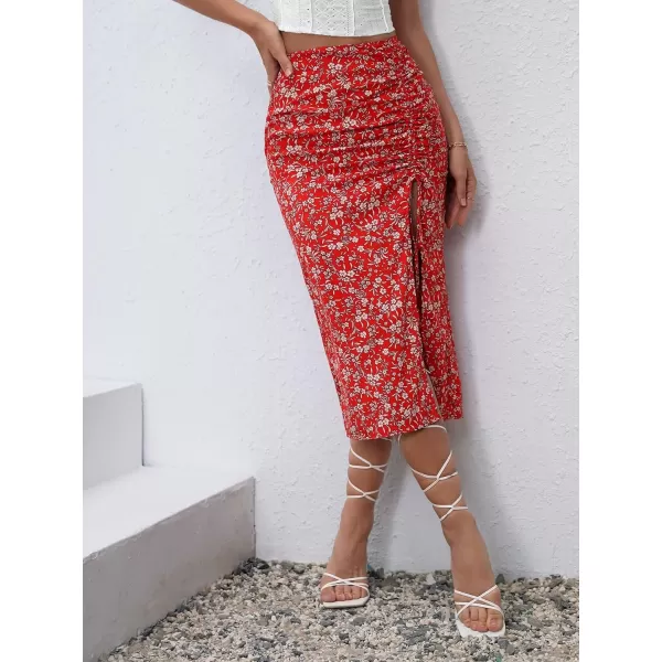 Floerns Women's Boho Floral High Waist Split A Line Midi Skirt
