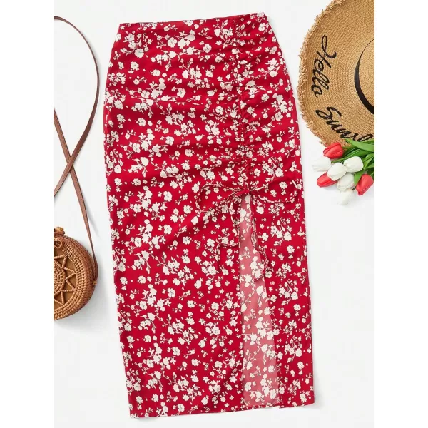 Floerns Women's Boho Floral High Waist Split A Line Midi Skirt