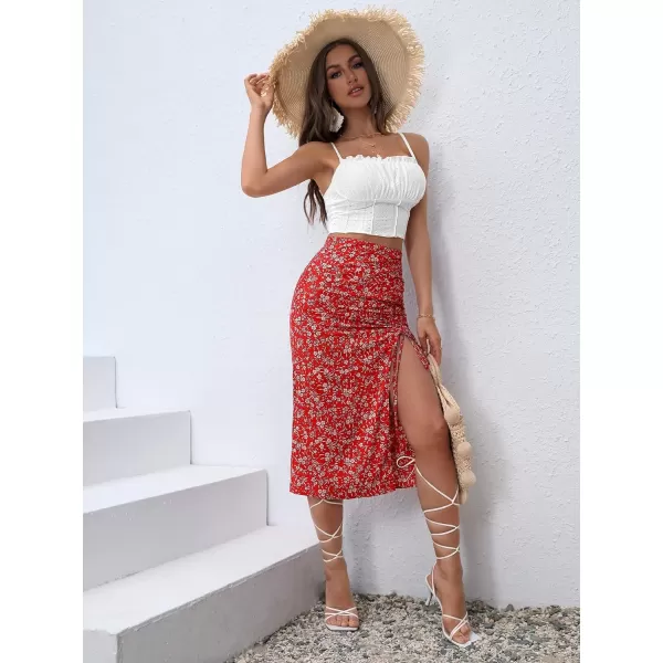 Floerns Women's Boho Floral High Waist Split A Line Midi Skirt
