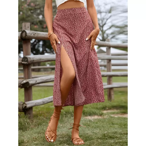 Floerns Women's Boho Floral High Waist Split A Line Midi Skirt