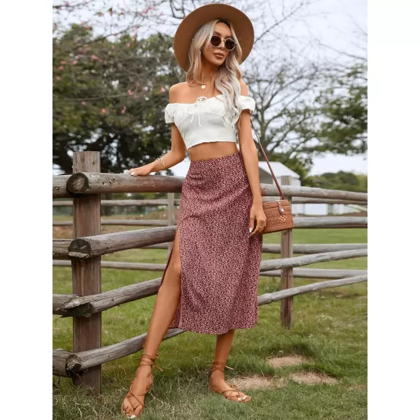Floerns Women's Boho Floral High Waist Split A Line Midi Skirt
