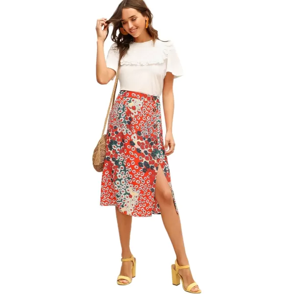 Floerns Women's Boho Floral High Waist Split A Line Midi Skirt