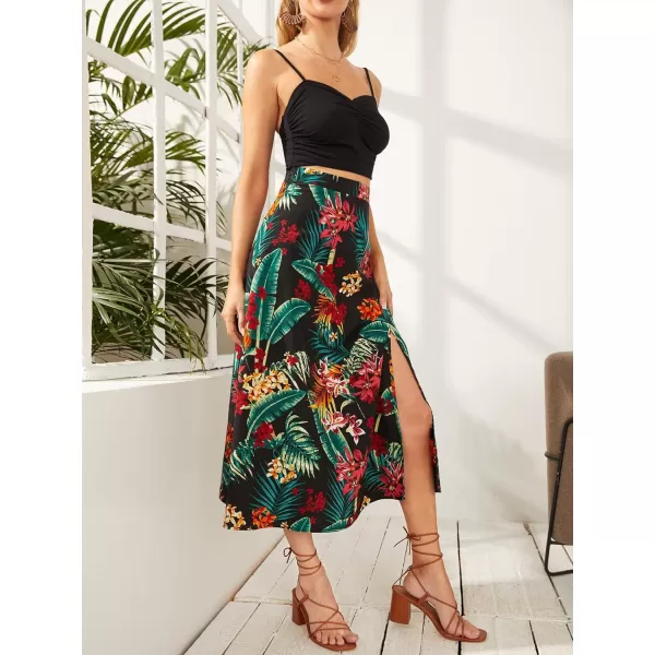 Floerns Women's Boho Floral High Waist Split A Line Midi Skirt