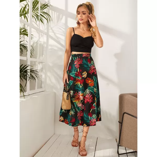 Floerns Women's Boho Floral High Waist Split A Line Midi Skirt