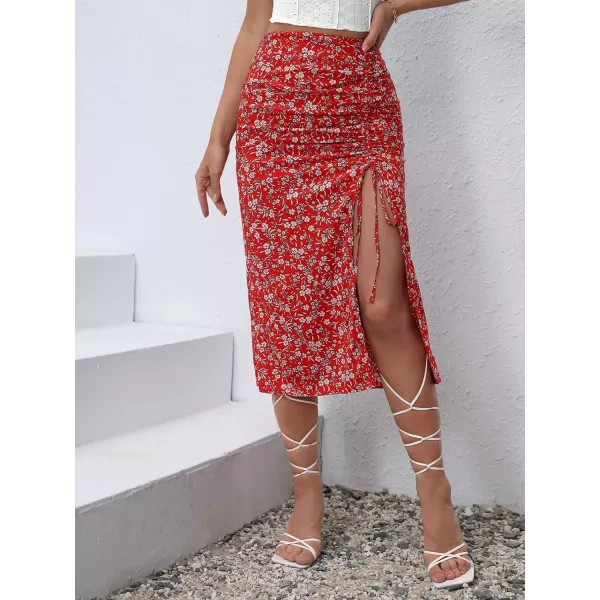 Floerns Women's Boho Floral High Waist Split A Line Midi Skirt