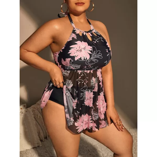 Floerns Women's Boho Floral Print Cut Out Contrast Mesh Halter Bikini Swimsuit