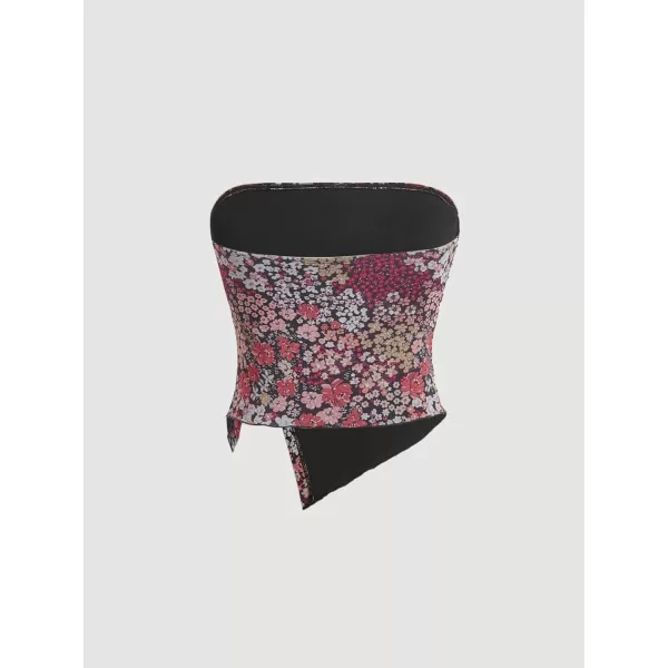 Floerns Women's Boho Floral Print Strapless Mesh Tube Top Split Hem Crop Top