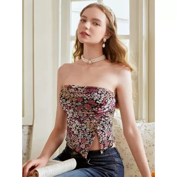 Floerns Women's Boho Floral Print Strapless Mesh Tube Top Split Hem Crop Top
