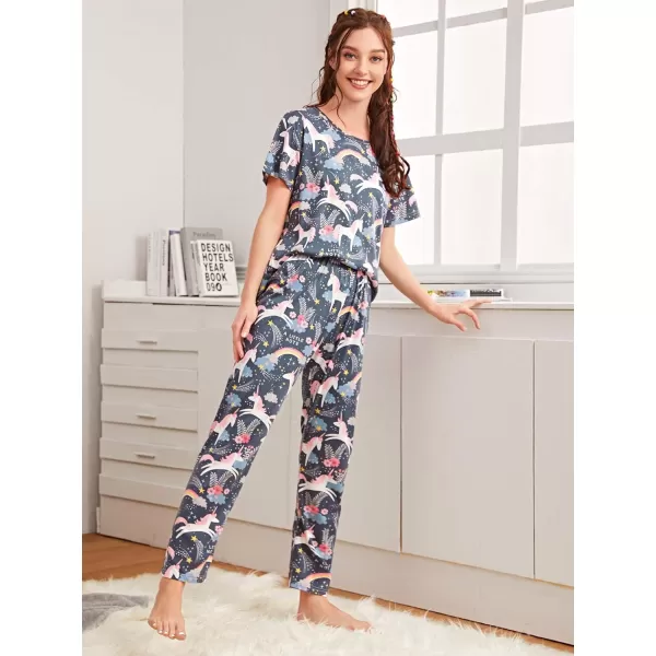 Floerns Women's Cartoon Print Short Sleeve Top with Long Pants Two Piece Pajama Sets
