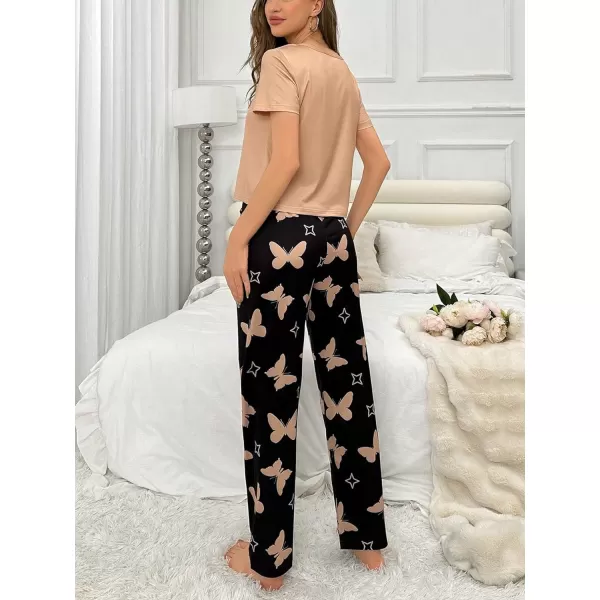 Floerns Women's Cartoon Print Short Sleeve Top with Long Pants Two Piece Pajama Sets