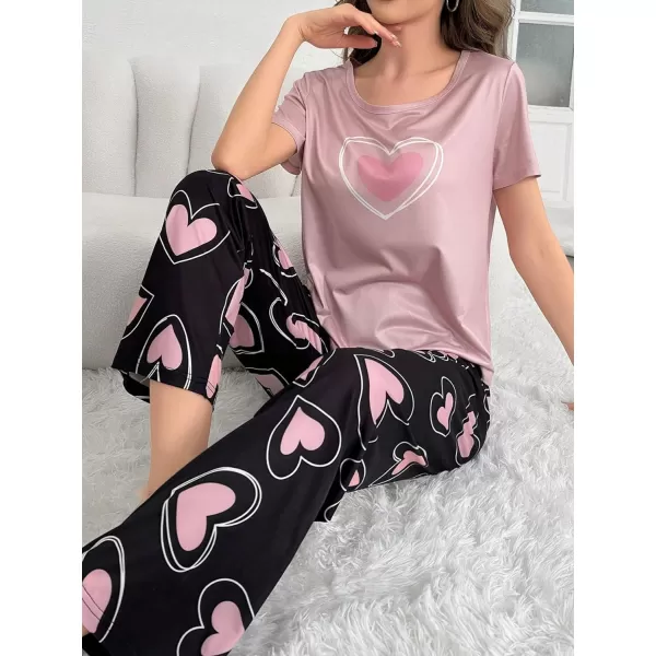 Floerns Women's Cartoon Print Short Sleeve Top with Long Pants Two Piece Pajama Sets