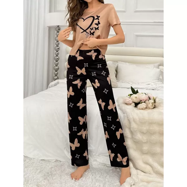 Floerns Women's Cartoon Print Short Sleeve Top with Long Pants Two Piece Pajama Sets