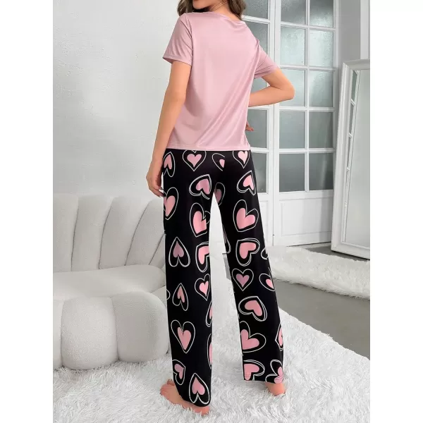 Floerns Women's Cartoon Print Short Sleeve Top with Long Pants Two Piece Pajama Sets