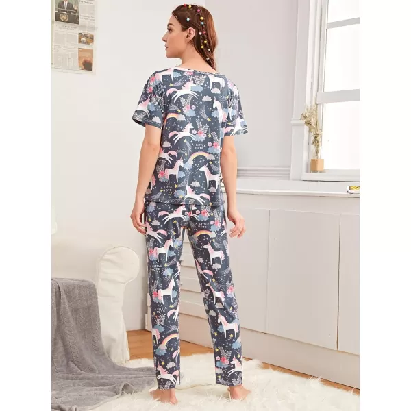 Floerns Women's Cartoon Print Short Sleeve Top with Long Pants Two Piece Pajama Sets