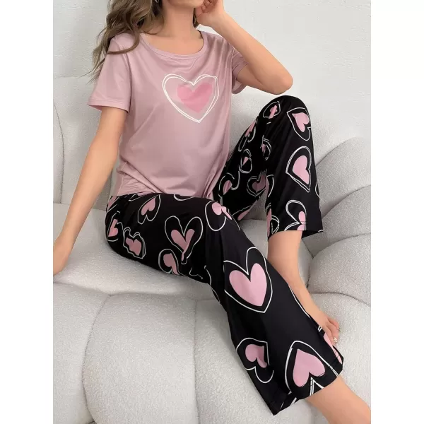Floerns Women's Cartoon Print Short Sleeve Top with Long Pants Two Piece Pajama Sets