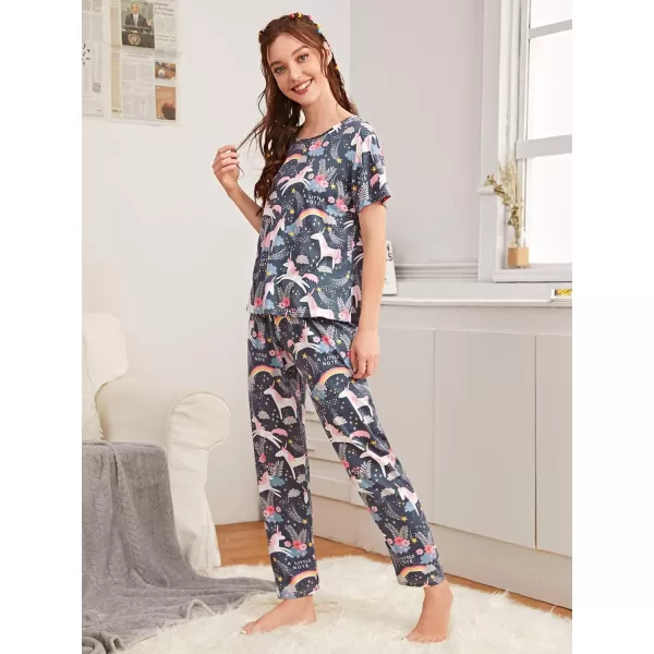 Floerns Women's Cartoon Print Short Sleeve Top with Long Pants Two Piece Pajama Sets