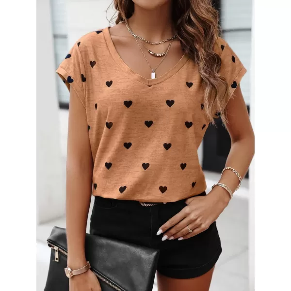 Floerns Women's Casual Heart Print V Neck Flare Short Sleeve Tee Shirts Top