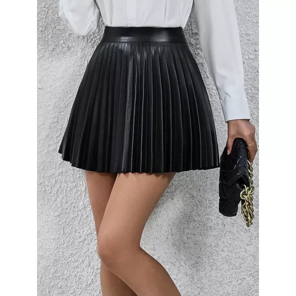 Floerns Women's Casual High Waisted Pu Leather Zip Up Pleated Hem Mini Skirt