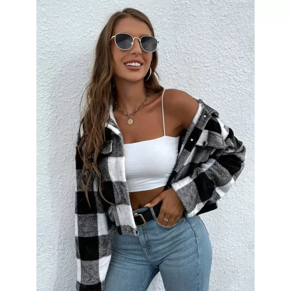 Floerns Women's Casual Plaid Print Button Down Drop Shoulder Long Sleeve Flannel Crop Jacket