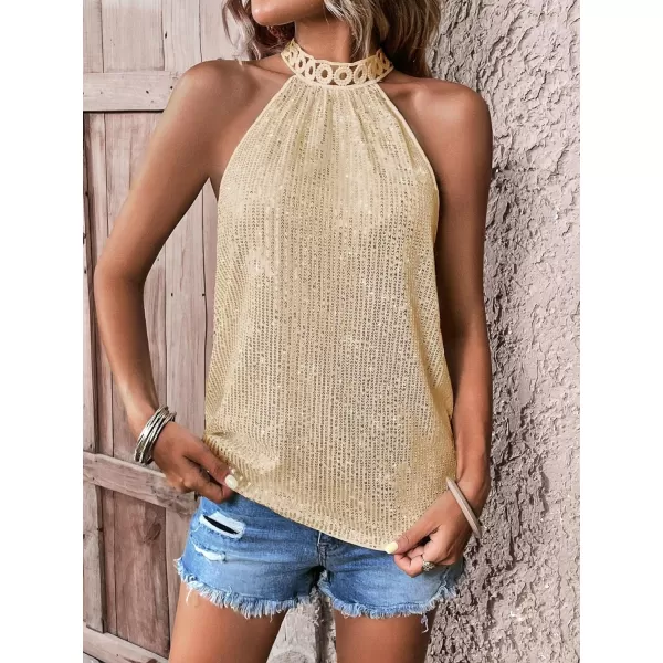 Floerns Women's Casual Shiny Sequin Tie Back Lace Halter Neck Sleeveless Tank Top