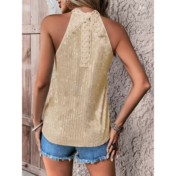 Floerns Women's Casual Shiny Sequin Tie Back Lace Halter Neck Sleeveless Tank Top