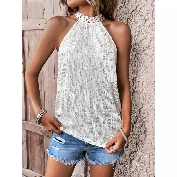 Floerns Women's Casual Shiny Sequin Tie Back Lace Halter Neck Sleeveless Tank Top