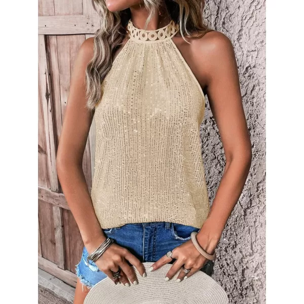 Floerns Women's Casual Shiny Sequin Tie Back Lace Halter Neck Sleeveless Tank Top