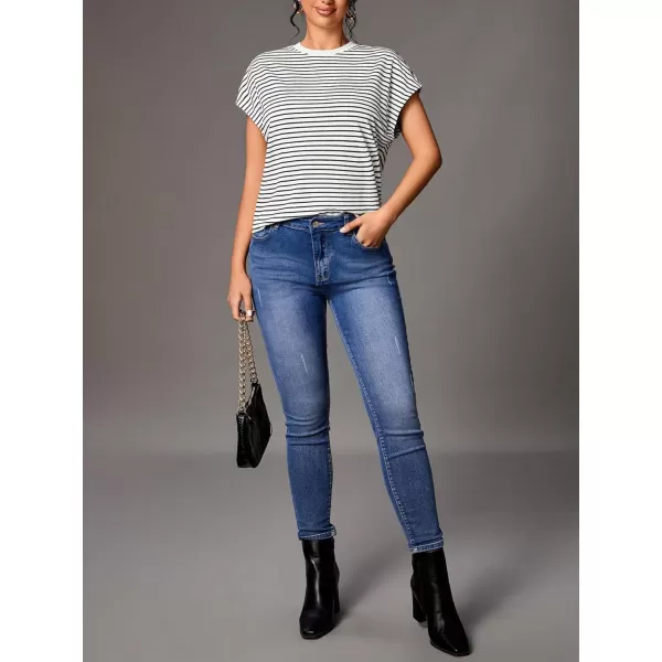 Floerns Women's Casual Stripe Print Batwing Sleeve T Shirts Round Neck Tee