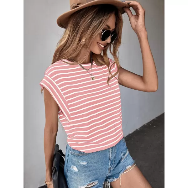 Floerns Women's Casual Stripe Print Batwing Sleeve T Shirts Round Neck Tee