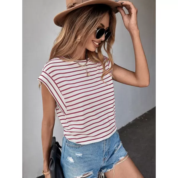 Floerns Women's Casual Stripe Print Batwing Sleeve T Shirts Round Neck Tee