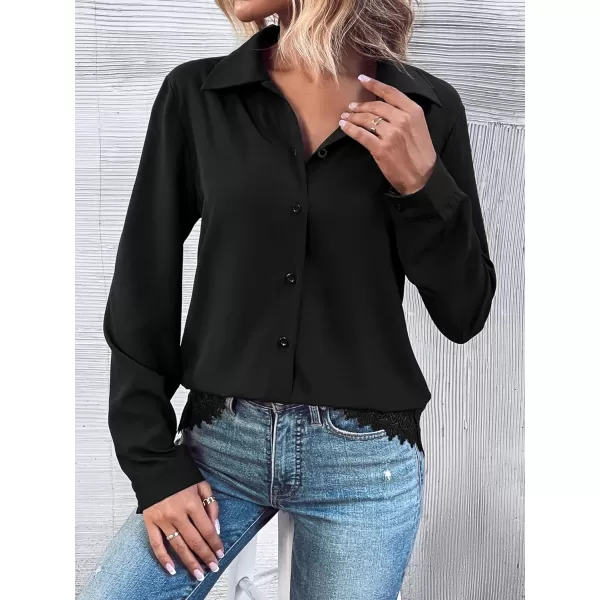 Floerns Women's Contrast Lace Long Sleeve Button Down Lapel Collar Shirt