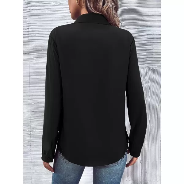 Floerns Women's Contrast Lace Long Sleeve Button Down Lapel Collar Shirt