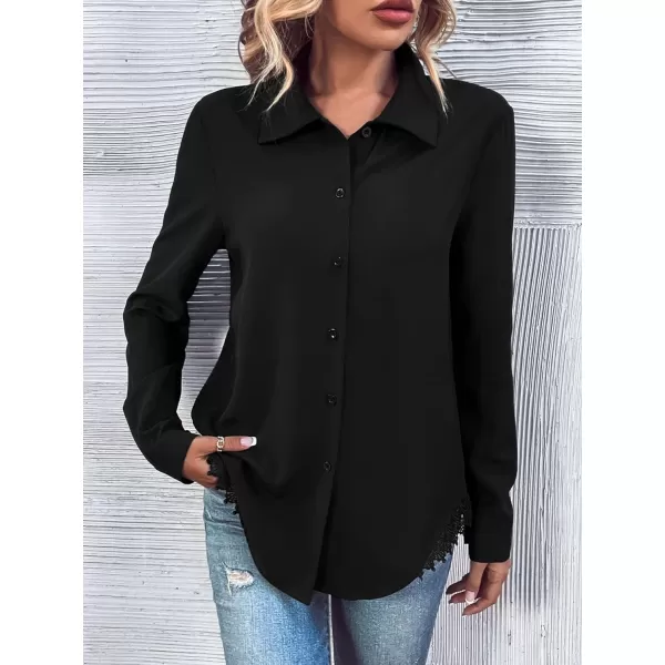 Floerns Women's Contrast Lace Long Sleeve Button Down Lapel Collar Shirt