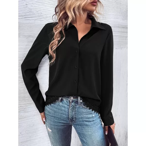 Floerns Women's Contrast Lace Long Sleeve Button Down Lapel Collar Shirt
