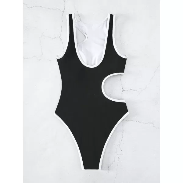 Floerns Women's Cut Out Contrast Binding Monokini High Neck One Piece Swimsuit