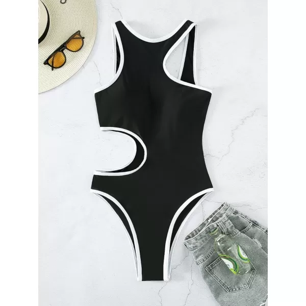 Floerns Women's Cut Out Contrast Binding Monokini High Neck One Piece Swimsuit