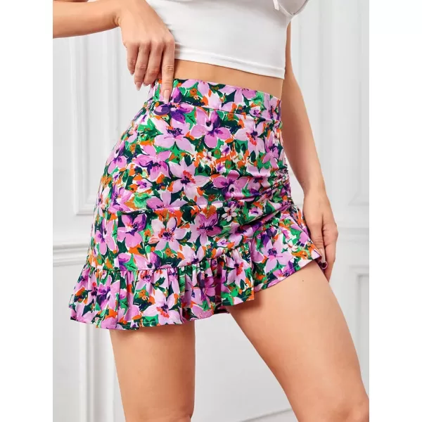Floerns Women's Ditsy Floral High Waist Drawstring Ruched Side Ruffle Hem Bodycon Mini Skirt