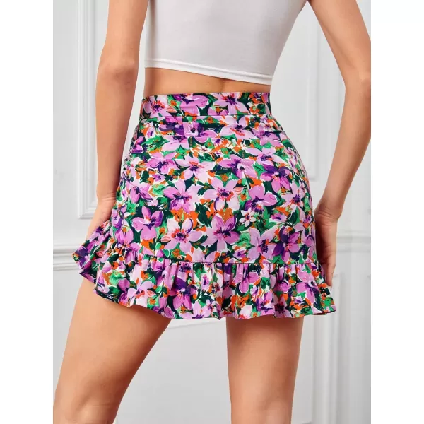 Floerns Women's Ditsy Floral High Waist Drawstring Ruched Side Ruffle Hem Bodycon Mini Skirt
