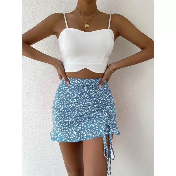 Floerns Women's Ditsy Floral High Waist Drawstring Ruched Side Ruffle Hem Bodycon Mini Skirt