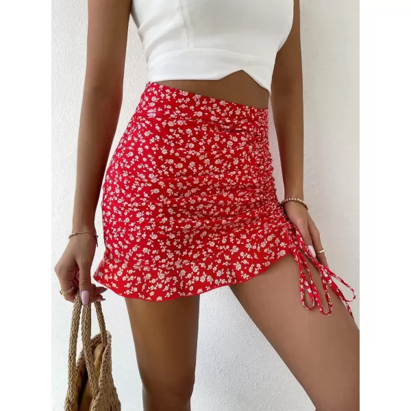 Floerns Women's Ditsy Floral High Waist Drawstring Ruched Side Ruffle Hem Bodycon Mini Skirt