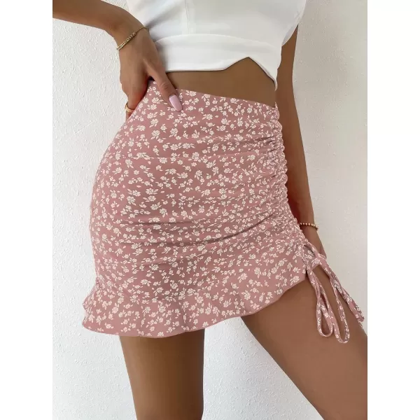 Floerns Women's Ditsy Floral High Waist Drawstring Ruched Side Ruffle Hem Bodycon Mini Skirt