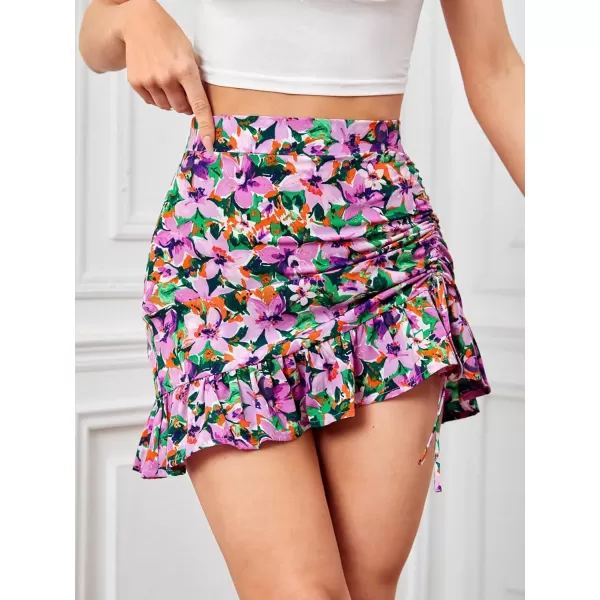 Floerns Women's Ditsy Floral High Waist Drawstring Ruched Side Ruffle Hem Bodycon Mini Skirt