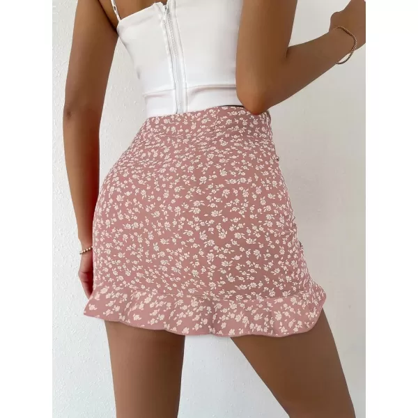 Floerns Women's Ditsy Floral High Waist Drawstring Ruched Side Ruffle Hem Bodycon Mini Skirt
