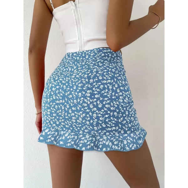 Floerns Women's Ditsy Floral High Waist Drawstring Ruched Side Ruffle Hem Bodycon Mini Skirt