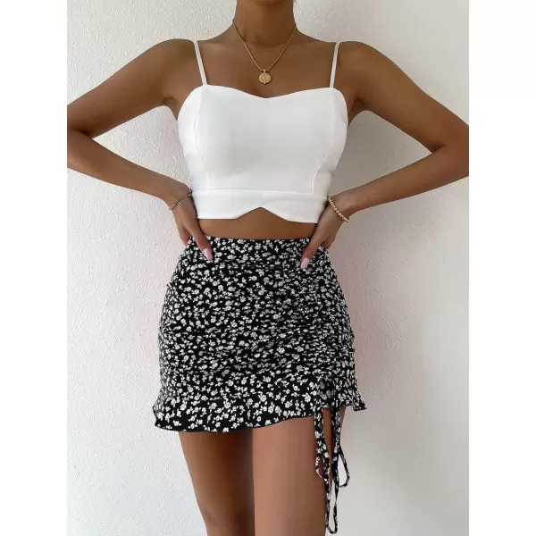 Floerns Women's Ditsy Floral High Waist Drawstring Ruched Side Ruffle Hem Bodycon Mini Skirt