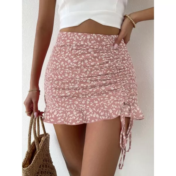 Floerns Women's Ditsy Floral High Waist Drawstring Ruched Side Ruffle Hem Bodycon Mini Skirt