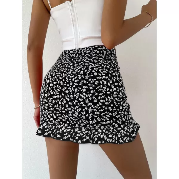 Floerns Women's Ditsy Floral High Waist Drawstring Ruched Side Ruffle Hem Bodycon Mini Skirt