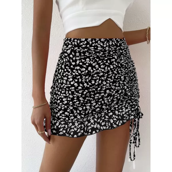Floerns Women's Ditsy Floral High Waist Drawstring Ruched Side Ruffle Hem Bodycon Mini Skirt