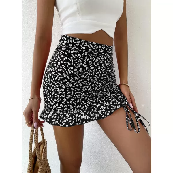 Floerns Women's Ditsy Floral High Waist Drawstring Ruched Side Ruffle Hem Bodycon Mini Skirt